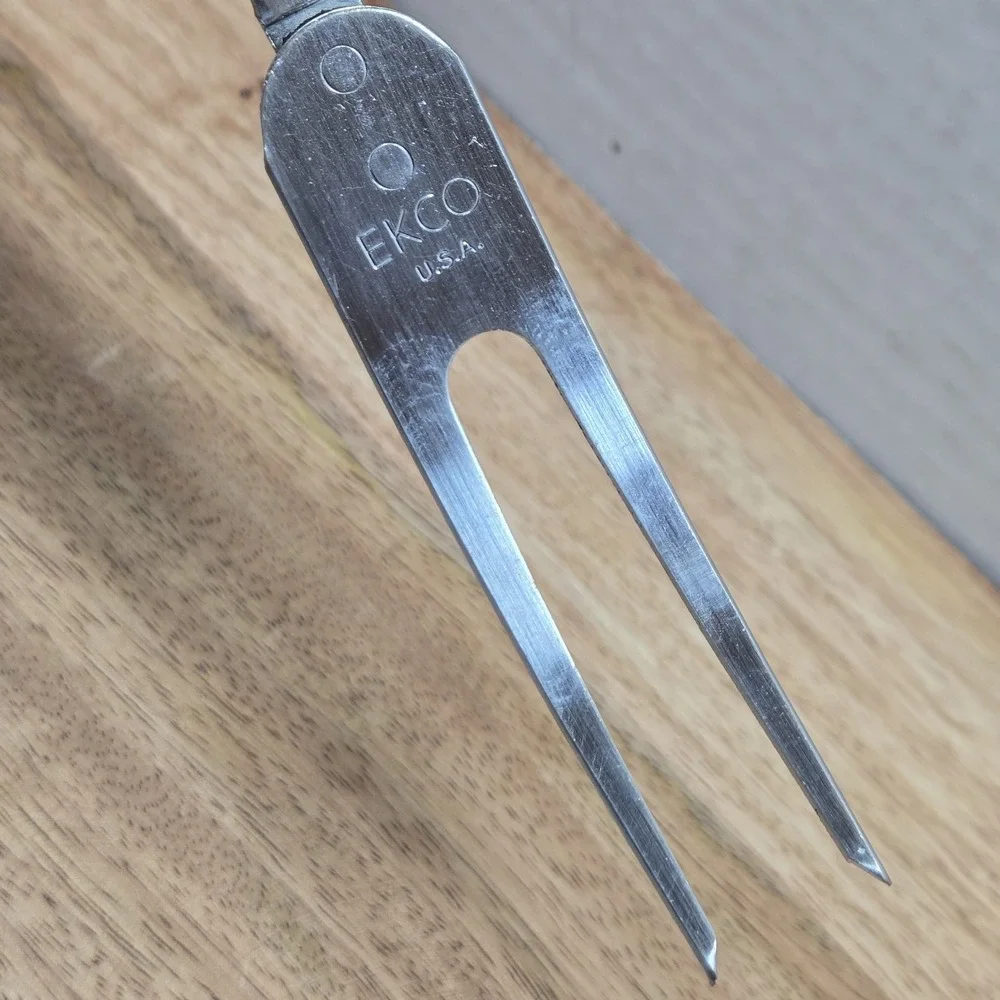 Vintage EKCO USA Stainless Steel 2 Prong Meat Serving Carving Fork Black Handle